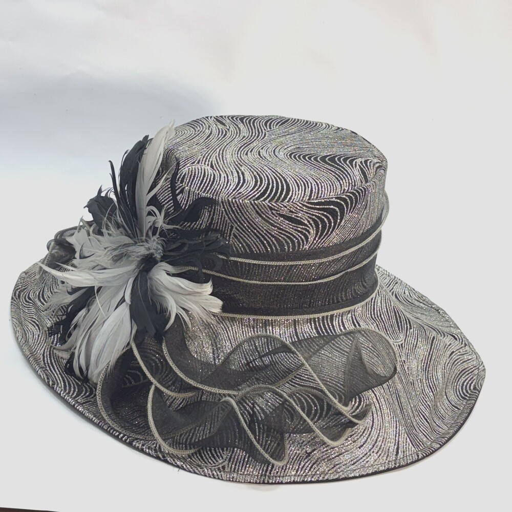 Forbusite Wide Brim Hat Black Silver Glitter Feather Detail Racing Derby Hat
